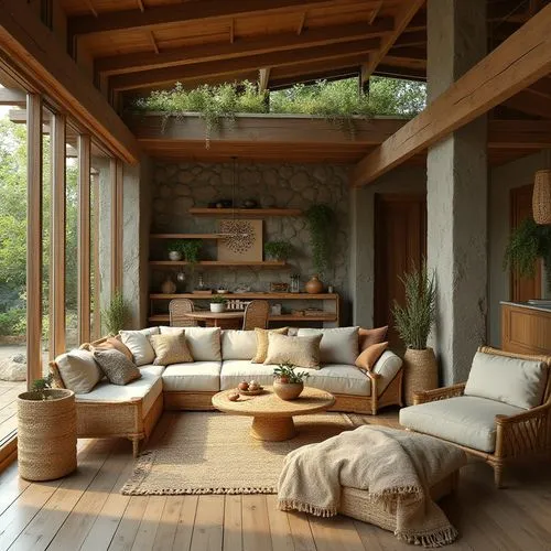 living room,sunroom,wooden beams,outdoor furniture,livingroom,daybeds,rustic,sitting room,porch swing,chaise lounge,family room,natuzzi,beautiful home,rustic aesthetic,soft furniture,sofaer,modern living room,summer house,loft,wood deck,Photography,General,Realistic