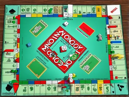 Monopoly, board game, classic theme, 3D graphics, virtual table, multiplayer online, desktop application, Windows, macOS, Linux, 
Presentation Layer,an monopoly board game sitting on top of a table,mo