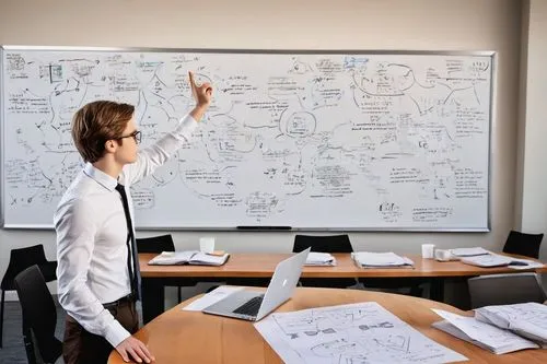 Modern minimalist conference room, afternoon light, floor-to-ceiling windows, whiteboards filled with complex mathematical equations, categorical deep learning diagrams, algebraic theory of architectu