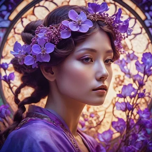 oriental princess,fairie,mystical portrait of a girl,faery,jingna,girl in a wreath,violette,the plum flower,violet flowers,jasmine blossom,beautiful girl with flowers,flower fairy,faerie,japanese woman,oriental girl,violet,violet colour,violets,girl in flowers,lilac blossom,Photography,General,Cinematic