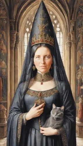 (((woman with a headdress Narrow Gothic cone Hennin: 1,5+++))) , woman in a medieval dress of the 14th century, Renaissance, neo-Gothic+++, (((dark gray cat of the British breed in the arms of a woman