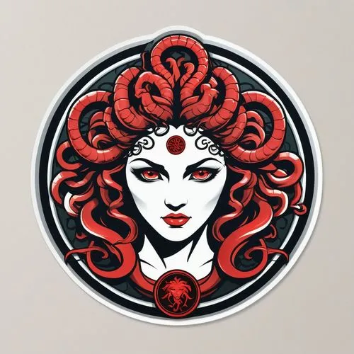 Fantasy cartoon emblem logo for game token depicting the gorgon Medusa (including the word "Medusa"), black and red tones, illustration, vibrant ((circular token)) on white background,an illustration 