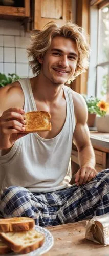 Leo Toast, cute Shota, blond hair, messy bedhead, sleepy eyes, gentle smile, white tank top, plaid pajama pants, holding a toasted bread with butter, sitting on a cozy wooden table, warm morning sunli