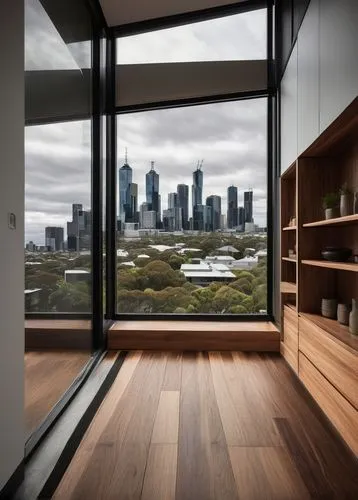 Modern Melbourne architectural design, luxurious joinery, wooden textures, sleek lines, minimalist decor, floor-to-ceiling windows, natural light pouring in, cityscape views, 3/4 composition, shallow 