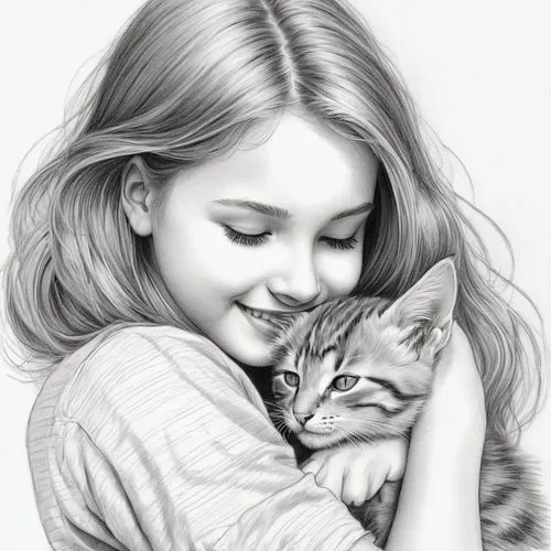 drawing cat,pencil drawings,pencil drawing,cat lovers,tenderness,girl drawing,cute cat,pencil art,little boy and girl,cat love,cute cartoon image,girl with dog,little cat,little girl,girl portrait,charcoal pencil,tabby cat,kitten,cat drawings,cat's eyes,Illustration,Black and White,Black and White 30