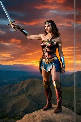 a photography of a  beautiful Gal Gadot 25 years old as wonder woman of DC stand up in a mountain whit a sword in a hand at sunset whit Athenas as background in 4k,wonderwoman,wonder woman city,wonder