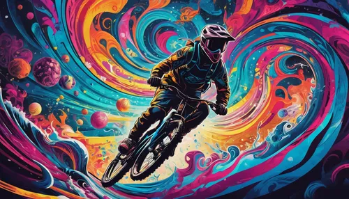 artistic cycling,mtb,bmx,enduro,bike pop art,bike colors,bicycle,cyclist,bicycle motocross,biker,woman bicycle,bike,psychedelic art,valerian,motorcycle racer,motorbike,biking,bikes,motorcyclist,spaceman,Illustration,Realistic Fantasy,Realistic Fantasy 39