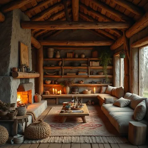 Earthy cabin, wooden logs, stone fireplace, natural textiles, woven baskets, rattan furniture, reclaimed wood accents, earthy color palette, organic shapes, rustic metal fixtures, candlelight ambiance