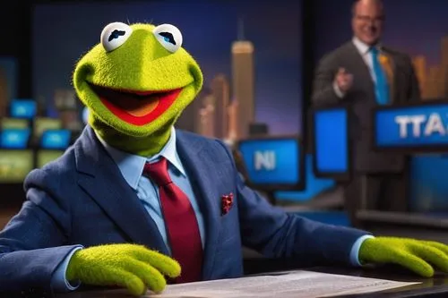 Muppet news anchor, Kermit green skin, bright blue eyes, yellow collar shirt, red tie, brown suit jacket, sitting, news desk, TV studio, bright lights, camera lens, microphone, script paper, serious f