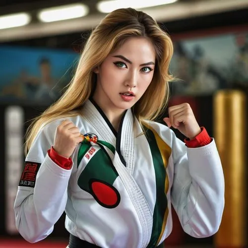 realistic beautiful girl, oval face shape, gold long hair, s-shape eyebrow, wide set eyes, green eyes, heavy lower  lips, triangle body shape, open chest, (full body show), masterpiece., wearing Taekw