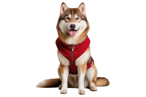 Red Malamute, muscular dog, Siberian Husky mix, standing pose, alert ears, piercing brown eyes, fluffy red coat, white chest, bushy tail, sharp teeth, tongue out, sitting on haunches, realistic fur te