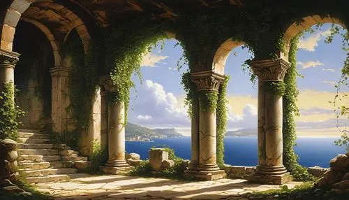 fantasy landscape,windows wallpaper,ruins,rivendell,fantasy picture,seregil,labyrinthian,landscape background,pillars,cartoon video game background,idyll,coville,cloisters,the ruins of the,hall of the fallen,archways,background with stones,alcove,castle ruins,idylls,Illustration,Retro,Retro 19