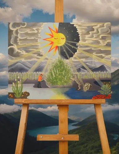 the painting on the easel in the magic landscape of a mountain river and big clouds,flower painting,sunflowers in vase,art painting,painting technique,meticulous painting,landscape background,photo pa