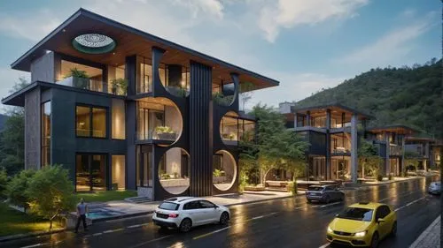 new housing development,eco hotel,apartment complex,townhouses,eco-construction,apartment building,build by mirza golam pir,residential,modern architecture,wooden houses,3d rendering,danyang eight scenic,condominium,artvin,cubic house,wooden facade,luxury property,residential house,modern house,house in the mountains