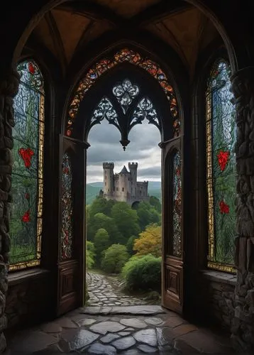 Romantic medieval castle, Romanesque style, ancient stone walls, moss-covered towers, grandiose entrance gate, Gothic arch windows, stained glass, intricate carvings, majestic high ceilings, mysteriou