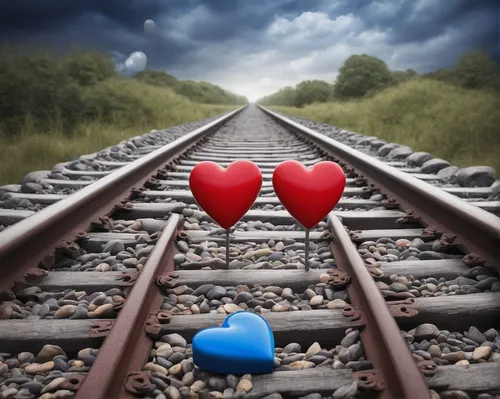 Create a whimsical story about two hearts on a railway, one red and one blue.,red and blue heart on railway,red heart on railway,glowing red heart on railway,heart medallion on railway,two hearts,hear