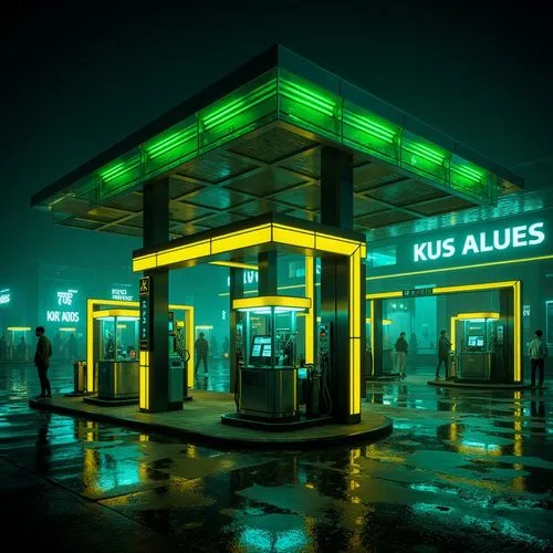 Neon-lit gas pumps, bold black outlines, vibrant yellow accents, retro-futuristic architecture, stainless steel canopies, geometric patterns, neon green stripes, contrasting dark shadows, bright LED l