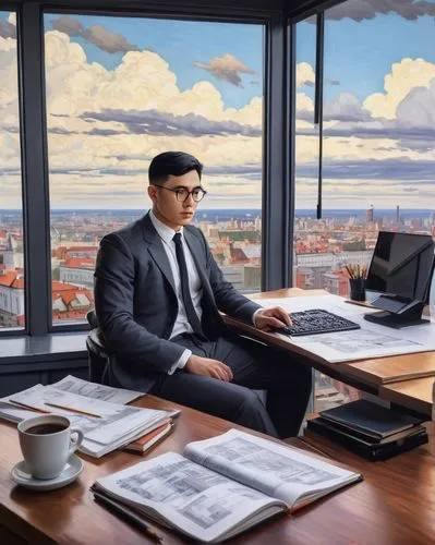 Modern architecture designer, male, 30s, bespectacled, short black hair, clean-shaven, white shirt, black tie, dark grey suit, leather shoes, sitting, desk, drafting table, blueprints, pencils, ruler,