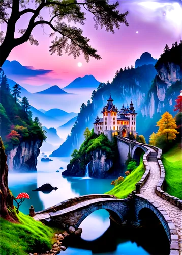 fantasy landscape,landscape background,fantasy picture,purple landscape,cartoon video game background,beautiful landscape,home landscape,fairytale castle,fairy tale castle,mountain landscape,mountain scene,mountainous landscape,world digital painting,alpine landscape,fairytale,fantasy world,fantasy art,paysage,fairyland,children's background,Art,Classical Oil Painting,Classical Oil Painting 01