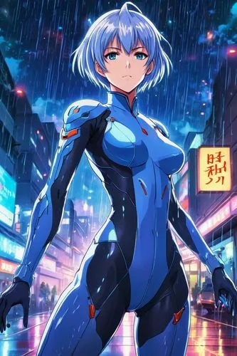 Glittery zero suit nebula front view, urban night backdrop rain, rei ayanami,rei ayanami,rei,ayanami,saiko,motoko,kusanagi,takane,kula,aoba,ryoko,minmei,aqua,amuro,mayura,rebiya,kayoko,evangelion eva 