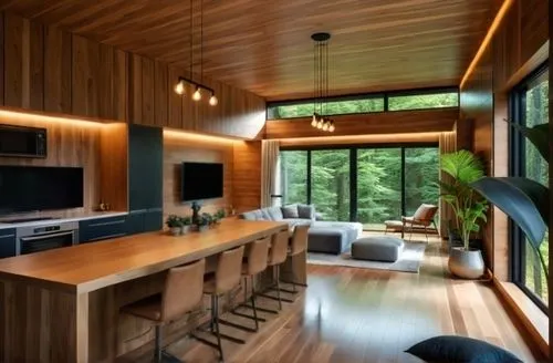 wood casework,modern kitchen interior,modern kitchen,interior modern design,kitchen design,bohlin,mid century house,contemporary decor,cabinetry,paneling,kitchen interior,cabin,prefab,big kitchen,hardwood floors,modern decor,timber house,dark cabinetry,home interior,forest house