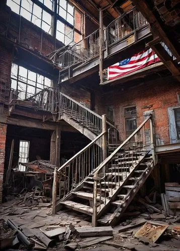 Abandoned, vintage, industrial, Columbus Architectural Salvage, Ohio, urban decay, old brick building, rusted metal beams, wooden crates, dusty windows, intricate stonework, worn-out stairs, dimly lit