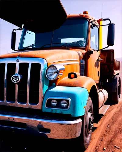 Large truck, rusty exterior, worn-out tires, loud engine roar, exhaust pipe smoke, headlight glare, chrome bumper, driver's hand on steering wheel, turning wheel, speedometer, GPS navigation, 3/4 comp