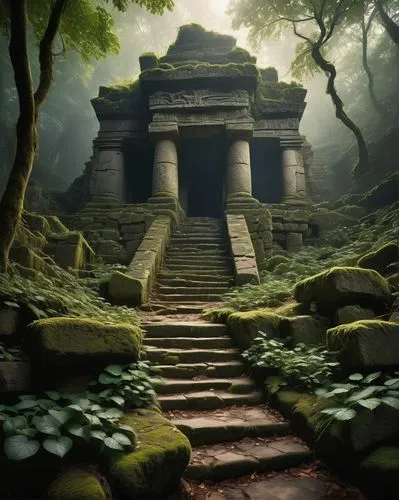 Ancient, mystical, neolithic temple, grand entrance, massive stone blocks, intricate carvings, mysterious symbols, rugged stone walls, worn-out steps, overgrown with vines, misty atmosphere, dense for