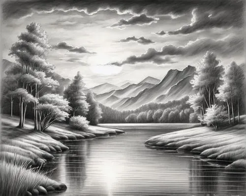 salt meadow landscape,winter landscape,snow landscape,mountain scene,snowy landscape,landscape background,snow scene,mountain landscape,winter background,river landscape,alpine landscape,winter lake,forest landscape,lago grey,charcoal drawing,ice landscape,christmas landscape,snow drawing,grisaille,nature landscape,Illustration,Black and White,Black and White 30