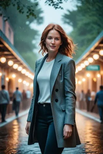 a red - headed woman in a business suit stands on a rain soaked street,sobchak,schippers,borgen,scully,vasilescu,business woman