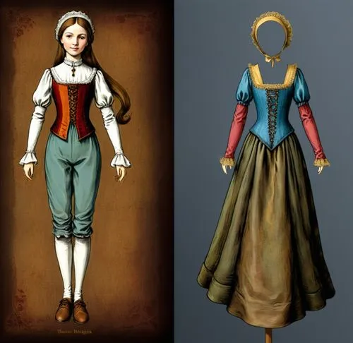 Paper doll one solo medieval noble women in white blouse ,grey tight legging with brown boot on the left standing with a headless faceless fashion mannequin clothing item set of elegant medieval noble