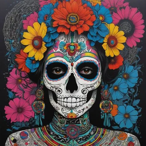 la calavera catrina,la catrina,sugar skull,catrina calavera,boho skull,dia de los muertos,Illustration,Japanese style,Japanese Style 16