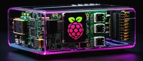 Raspberry Pi 4, mini computer, futuristic architecture, metallic body, cooling vents, USB ports, HDMI port, microSD card slot, compact design, sleek lines, robotic feel, high-tech gadget, neon lights,