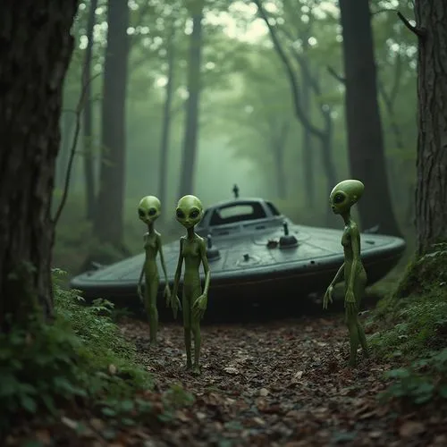 Only Aliens! Sci-fi movie: "Little Green aliens with Pointed Heads!"__1950s_style, cliche alien creatures (green with pointed heads!) standing in front of a crashed flying saucer type spaceship, setti