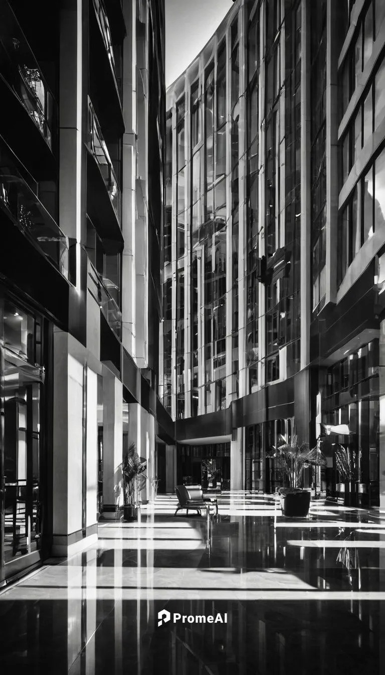 Modern corporate building, Cameo Enterprise Architecture, skyscraper, cityscape, metropolitan area, sleek glass exterior, steel frames, angular lines, mirrored windows, grand entrance, revolving doors