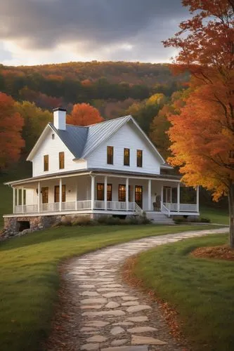 vermont,fall landscape,country house,new england style house,berkshires,country cottage,home landscape,homeplace,farmhouses,autumn idyll,beautiful home,farmstead,fruitlands,country hotel,farm house,old colonial house,allamuchy,country estate,homesteading,acreages,Illustration,Children,Children 03