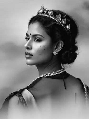 The same scene as a black and white photo. However, the freckles should be visible.,the woman has a tiara on her head,tirunal,charulata,winget,padukone,sonam,mandodari,Photography,Black and white phot