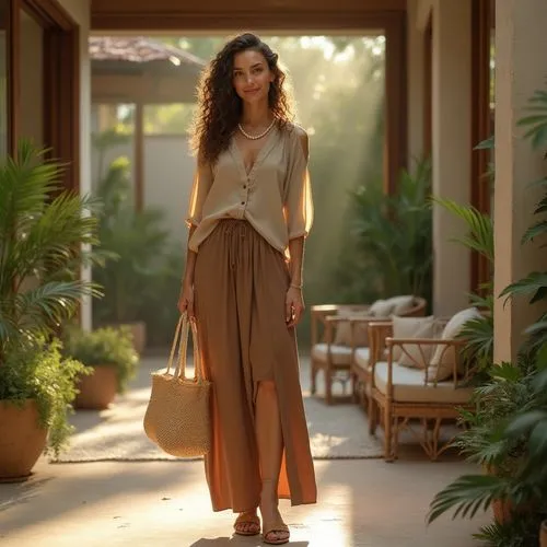 Elegant lady, 30s, curly brown hair, minimal makeup, pearl necklace, earthy tone blouse, high-waisted maxi skirt, leather sandals, holding a reusable tote bag, standing in a luxurious villa, surrounde