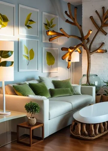 iç mekana egzotik iç mekan ağacı ekle saksılı , ve sehpayı organik forma dönüştür,a white couch sitting underneath a tree in a living room,contemporary decor,modern decor,interior decoration,interior 