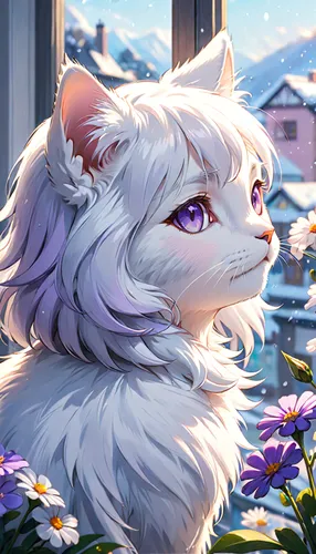 white cat,samoyed,flower cat,domestic long-haired cat,siberian cat,fragrant snowball,norwegian forest cat,winter aster,lilac blossom,american curl,white blossom,white lilac,cheshire,springtime background,white lion,whitey,spring background,precious lilac,aster,white rose snow queen,Anime,Anime,Realistic