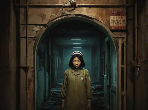 creepy doorway,the morgue,the door,asylum,the little girl's room,prisoner,hallway,in the door,photo manipulation,door,the girl in nightie,girl in a long,the little girl,han thom,cold room,studio ghibli,scared woman,blind alley,shirakami-sanchi,sci fiction illustration,Illustration,Abstract Fantasy,Abstract Fantasy 09