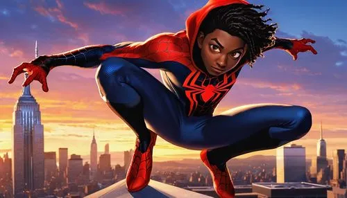 spider-man,spider the golden silk,spider man,peter,spiderman,peter i,spider,superhero background,marvels,cg artwork,marvel comics,a black man on a suit,spider bouncing,maria bayo,wall,comic hero,hero,big hero,the suit,chaka,Illustration,Realistic Fantasy,Realistic Fantasy 14