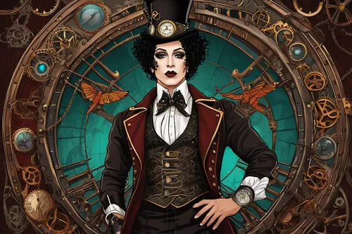 Transport Frank-n-Furter to a steampunk world where he must navigate a world of clockwork wonders and airships.,ringmaster,steampunk,key-hole captain,clockmaker,watchmaker,steampunk gears,magician,eas