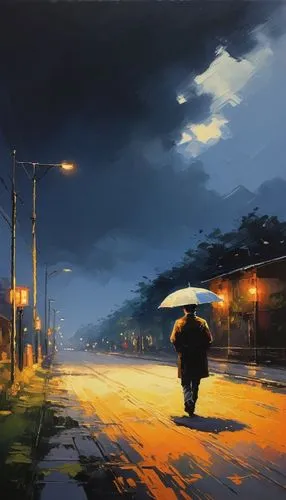 night scene,evening atmosphere,man with umbrella,walking in the rain,street lights,rainy,light rain,atmosphere,in the evening,lamplighter,street lamps,rains,after rain,monsoon,rainy season,rainstorm,streetlight,early evening,pedestrian,street lamp,Illustration,Japanese style,Japanese Style 11