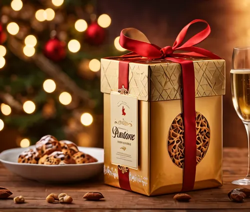 Hyper Realistic, close-up shot of a panettone packaging box, christmas italian sober graphic design and a champagne bottle,  logo text "BANFI", 8k, art by Alucard,christmas packaging,holiday wine and 