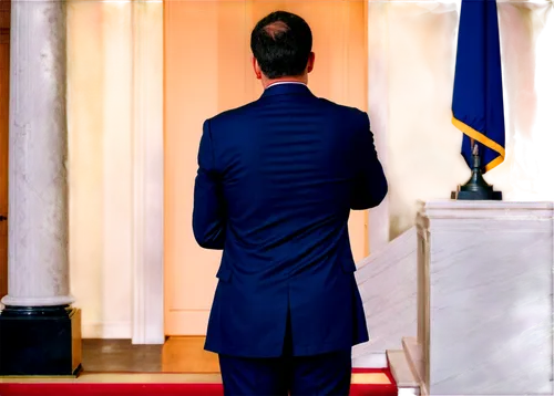 Government building, White House, presidential seal, American flag, marble columns, grand staircase, solemn atmosphere, morning sunlight, 3/4 composition, shallow depth of field, warm color tone, cine