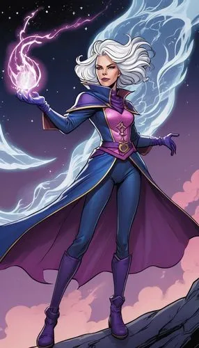 2D Comic portrait of a cartoon Charlize Theoren as a white-haired wizard in a dark purple, blue and pink fully-covered outfit, gloves and shoulder-pads, flying in the middle of magic world.,an image o