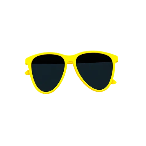 Sun, cartoon style, wearing sunglasses, bright yellow, smiling face, rounded shape, shiny surface, glossy texture, 3D render, high contrast, bold lines, vibrant colors, centered composition, close-up 