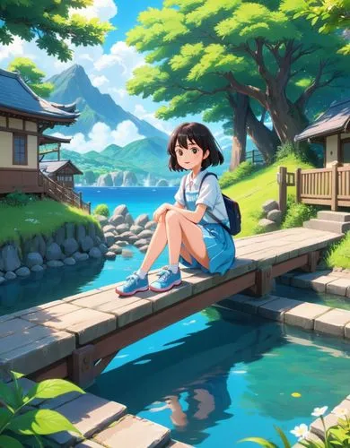 a girl sitting on the edge of a wooden bridge,onsen,studio ghibli,ghibli,kumiko,hosoda,suzumiya,Anime,Anime,Traditional