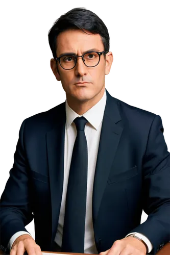 Mature businessman, office setting, formal wear, black suit, white shirt, tie, glasses, short black hair, clean-shaven, briefcase, sitting at desk, pen in hand, serious expression, warm lighting, 3/4 